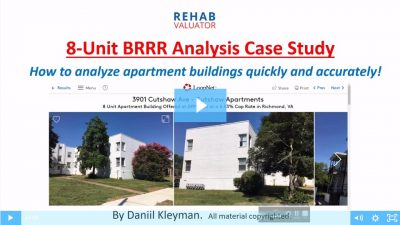 Screenshot of beginning of Rehab Valuator 8-Unit BRRRR Analysis Case Study Video with white apartment building on front