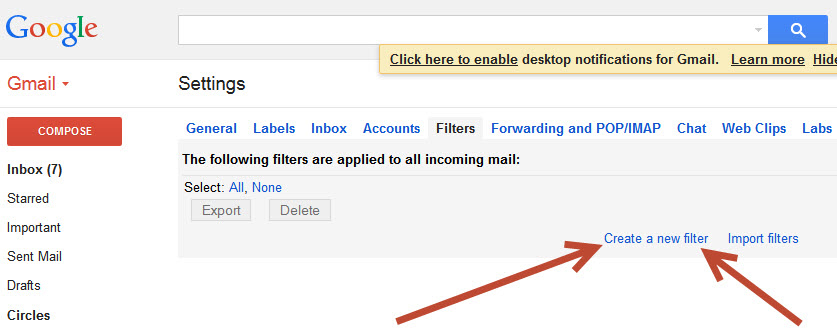 gmail screenshot for create a new filter