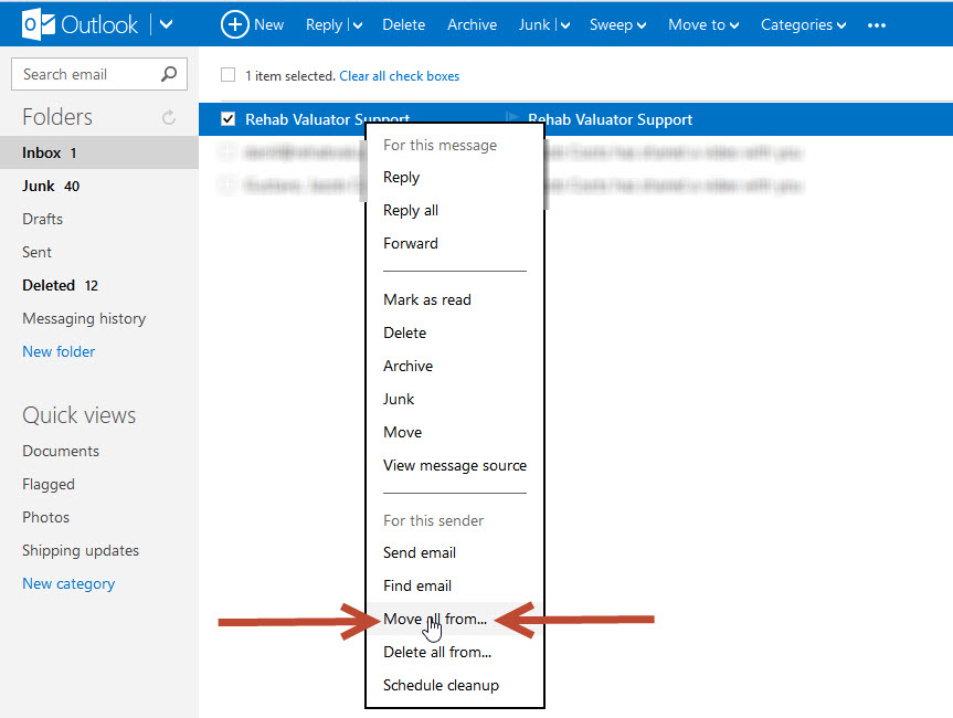 outlook screenshot, select move all from