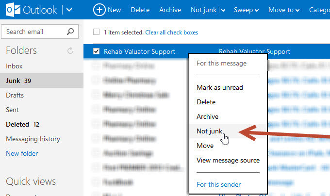 in junk, select rehab valuator emails and mark as Not junk