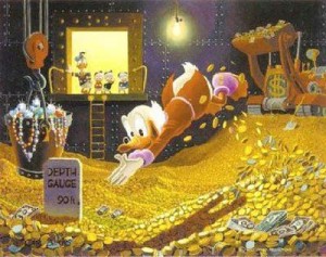 Scrooge McDuck diving into coins