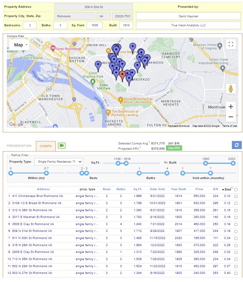 Instant Comparable Sales and ARV Calculator in Rehab Valuator Premium