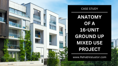 image with apartment buildings, blue sky, green bushes, and black box with white words that read anatomy of a 16-unit ground up mixed use project