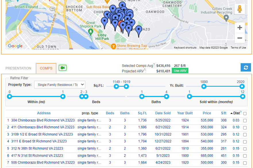 • Use Rehab Valuator Premium to pull up a list of the 25 most relevant comparable sales