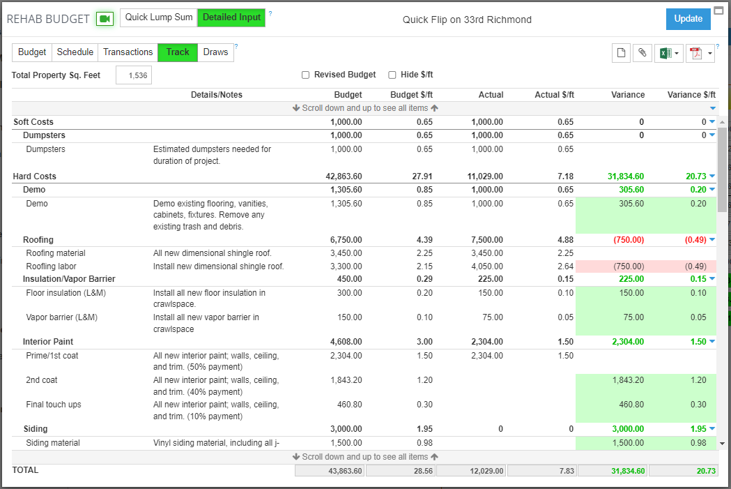 Track payment progress and whether you're on, under, or over budget with Rehab Valuator software