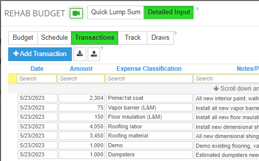 keep track of transactions with Rehab Valuator software