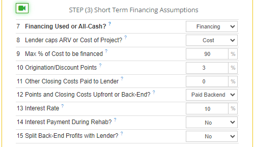 Financing assumptions inside of the Rehab Valuator software