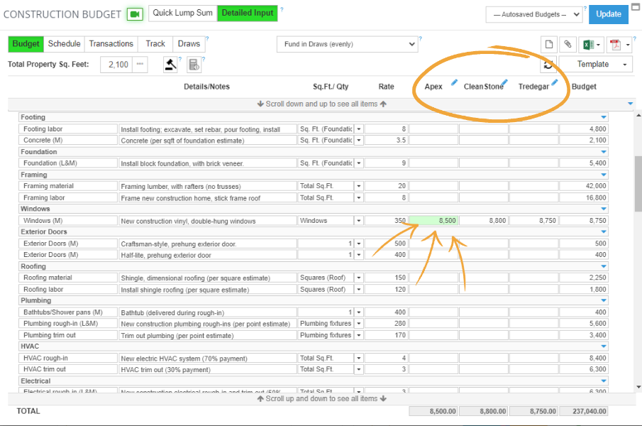 detailed budget and cost template section of the rehab valuator premium software