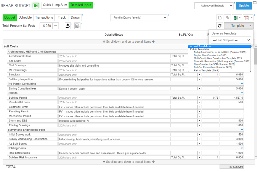 detailed budget and cost template section of the rehab valuator premium software