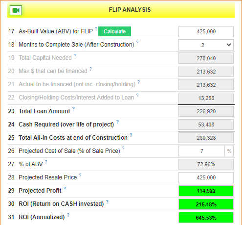 flip analysis information inside the Rehab Valuator software