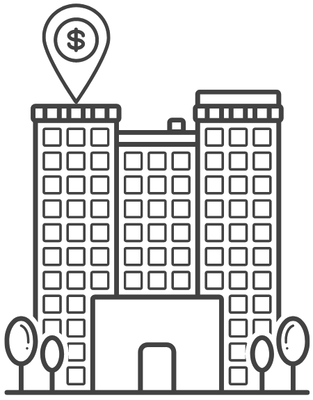digital line picture of a commercial real estate building with a location pin with a dollar sign at the top