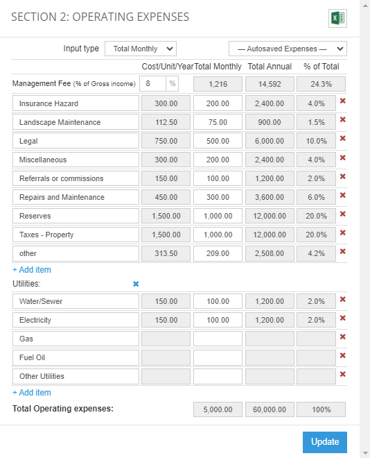 enter projected operating expenses into your Rehab Valuator software