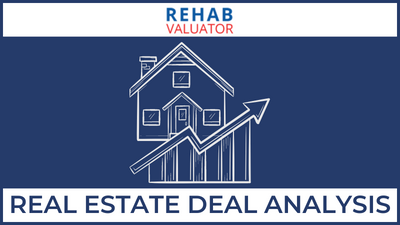 dark blue background with apartment building words commercial real estate at bottom - rehab valuator logo at top