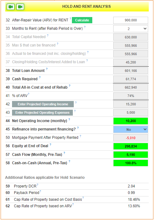 rehab valuator software inputs under the hold and rent real estate investment analysis tab