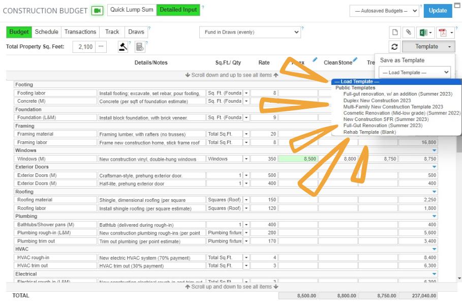 detailed budget and cost template section of the rehab valuator premium software