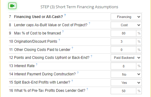 Financing assumptions inside of the Rehab Valuator software