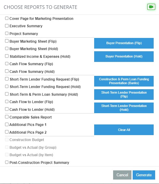 Reporting Revamped - Choose Reports to Generate Screen