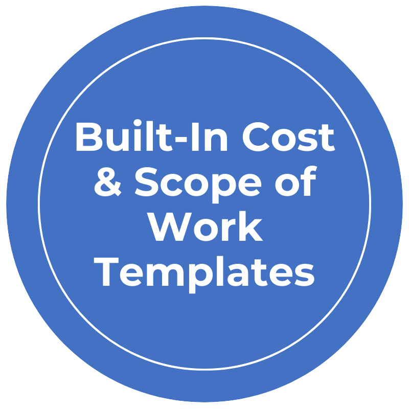 "Rehab Valuator built in cost and scope of work templates" blue circle graphic