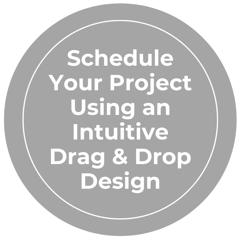 "Rehab Valuator project management create a project schedule using an intuitive drag and drop design" gray circle graphic
