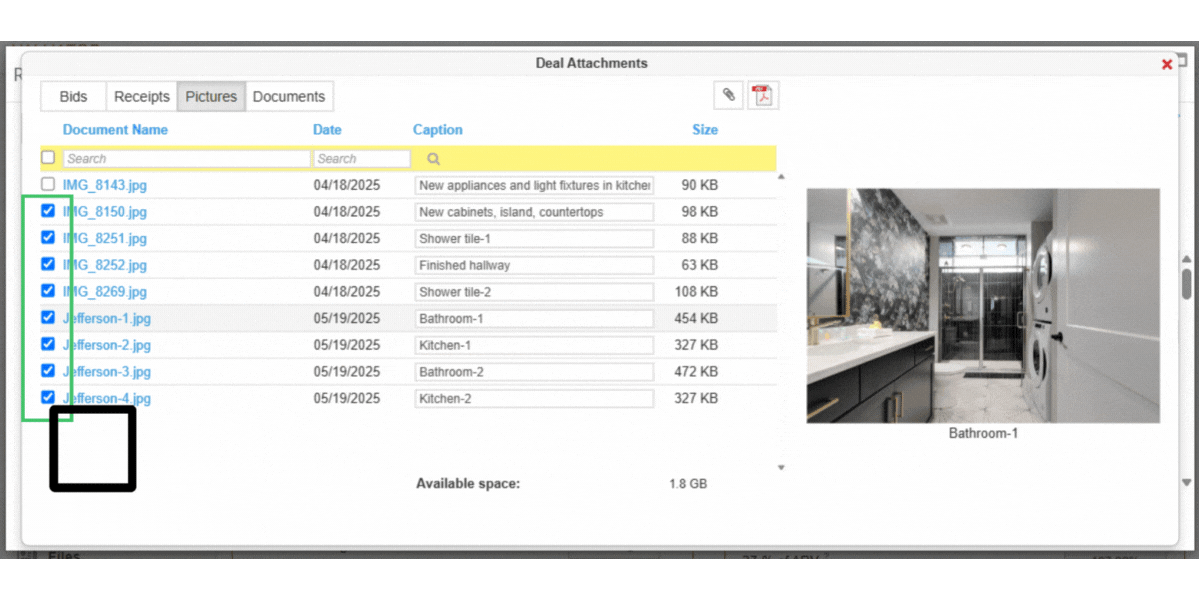 files-pictures-pdf-gif You can now add Progress Pics of the project to your Lender Draw request. This is really handy in situations where your lender doesn't inspect the project physically and need to see proof of work being performed! Rehab Valuator Software