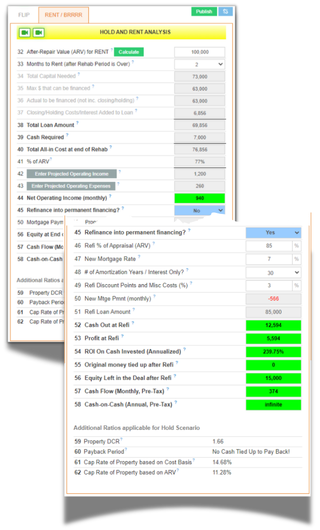 rent and brrrr analysis screen for buy and hold deals in the Rehab Valuator software